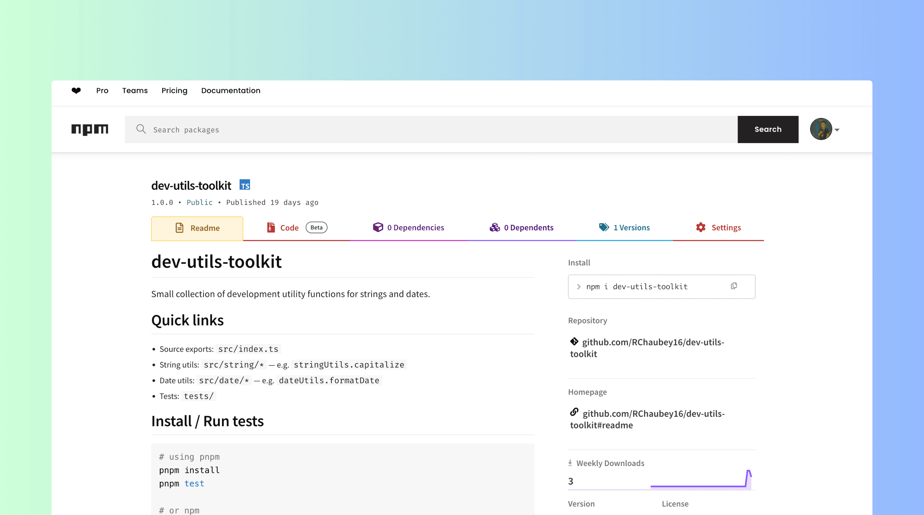 Dev toolkit npm package home page